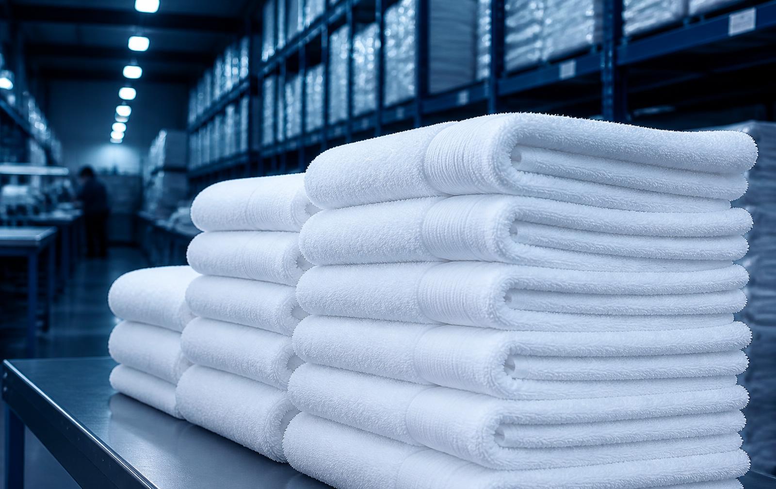 Stacks of white cotton bath towels in the Zaad Textiles warehouse